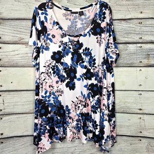 Tahari Floral Short Sleeve Top Womens 2X White Blue
